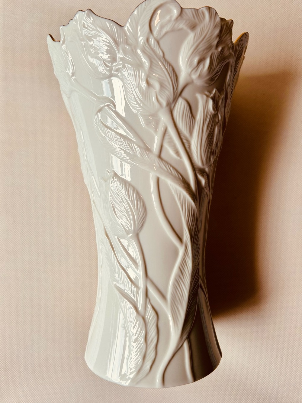 Lenox Ivory Porcelain and Gold Rim Embossed Floral Ceramic Vase